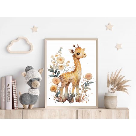 Affiche poster Bébé Enfant - Girafe Fleurs